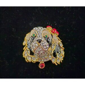 Vintg Brooch Lhasa Apso/Shih Tzu Pin Silver/Gold Detailed Etching Dog Lapel Pin